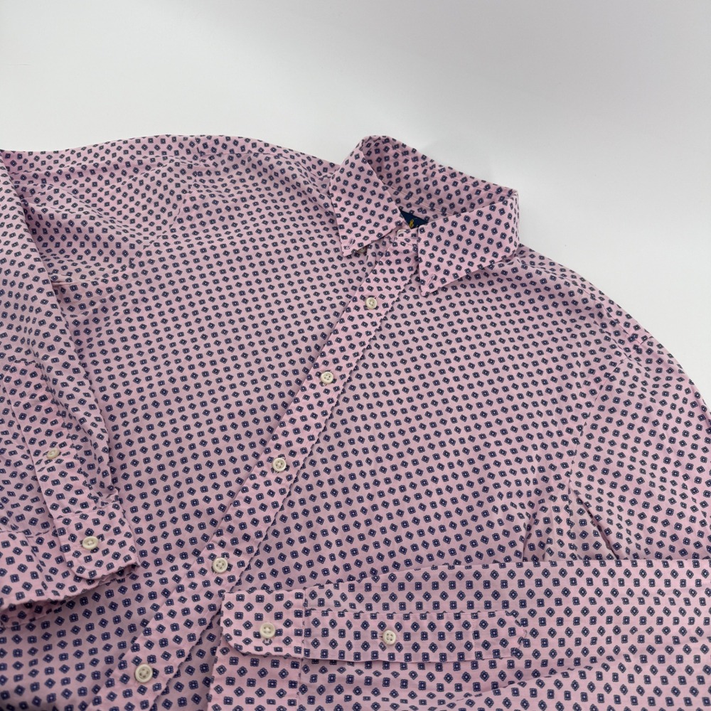 Ralph Lauren Mens Slim Fit Pink‎ Navy Geometric Floral Button Down Shirt Large